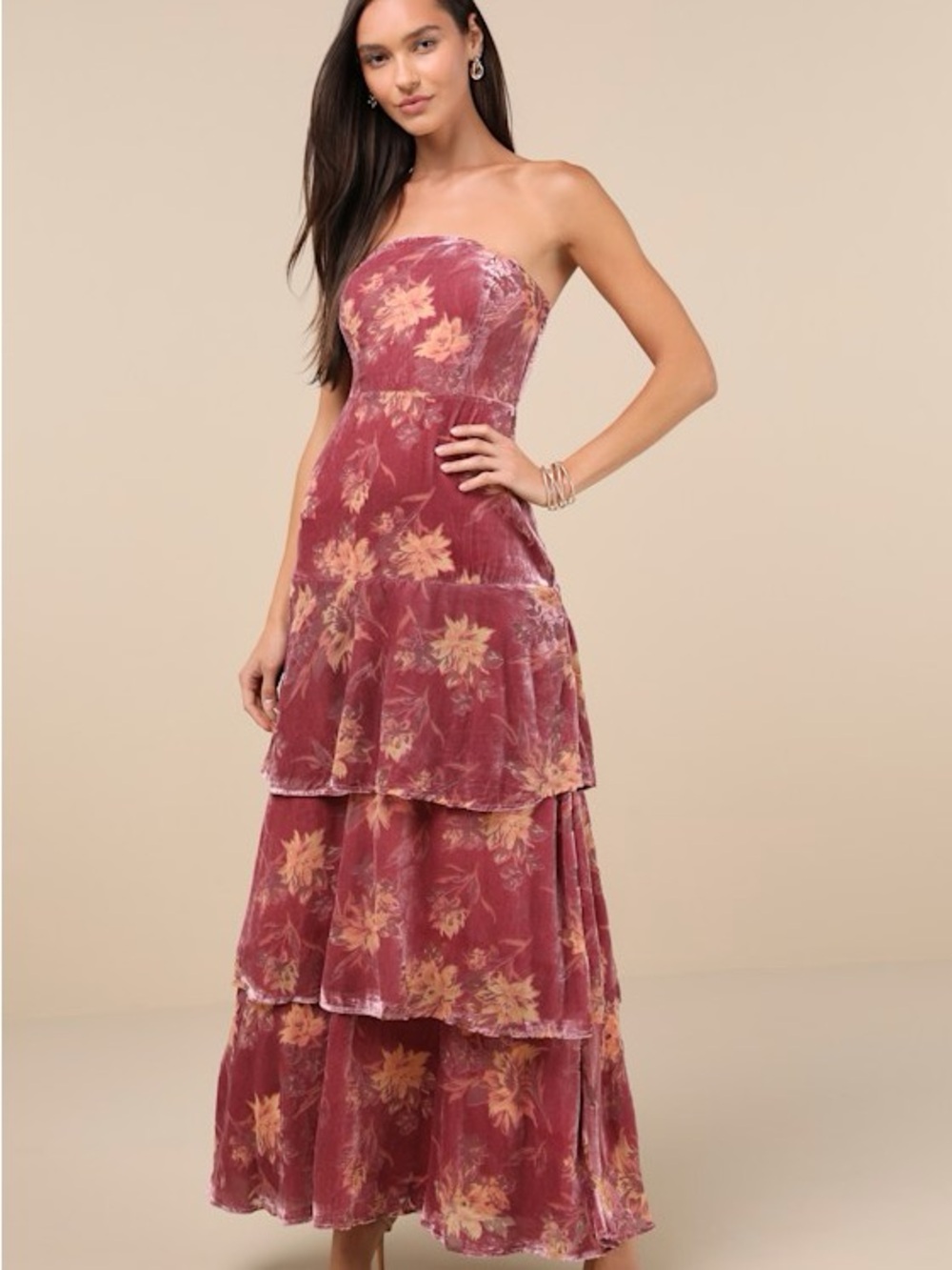 Lulu's Mauve Floral Strapless Velvet Tiered Maxi Dress - Picture 1 of 6